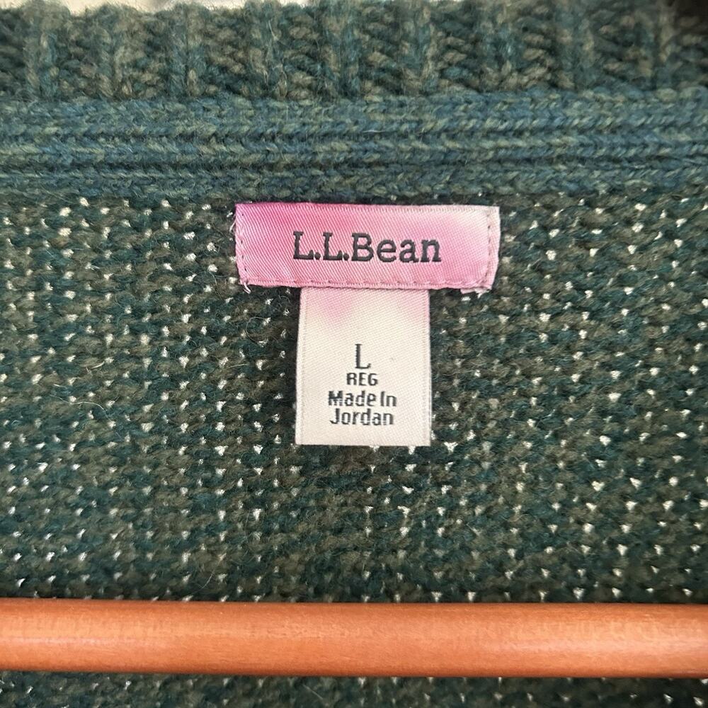 LL Bean Sweater Katahdin Intarsia Knit Logo Spellout Green Lambswool Womens LG - Picture 3 of 4